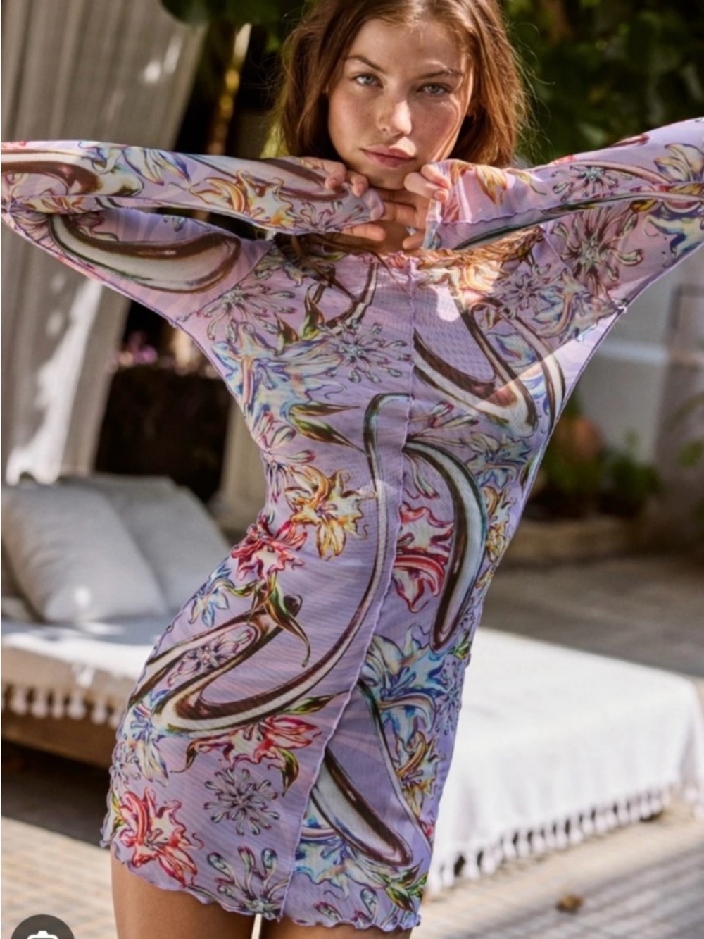 Agua Bendita NWT $200 MSRP Silver Garden Hadley Mesh Long Sleeve Dress / Medium